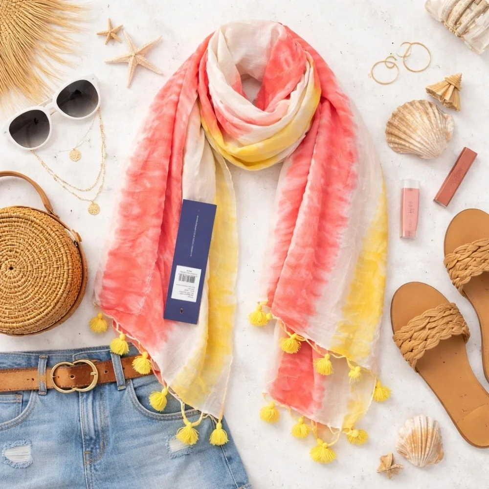 Rebecca Minkoff | Pink Yellow Tie-Dye Tassel Scarf | Lightweight Boho | One Size
